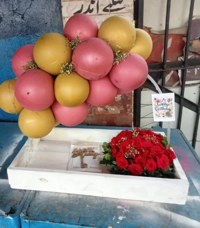 Anniversary balloon and flower box – Same day delivery in Sargodha