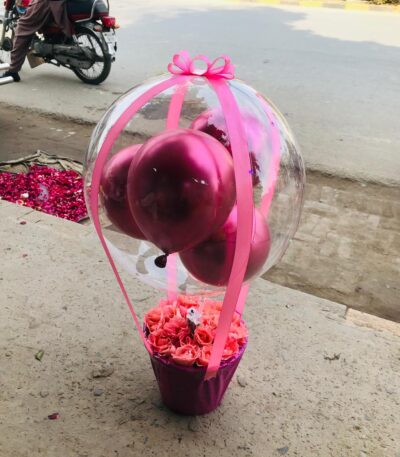 Cute balloon box with perfume, rose, and card – Sargodha gift shop"