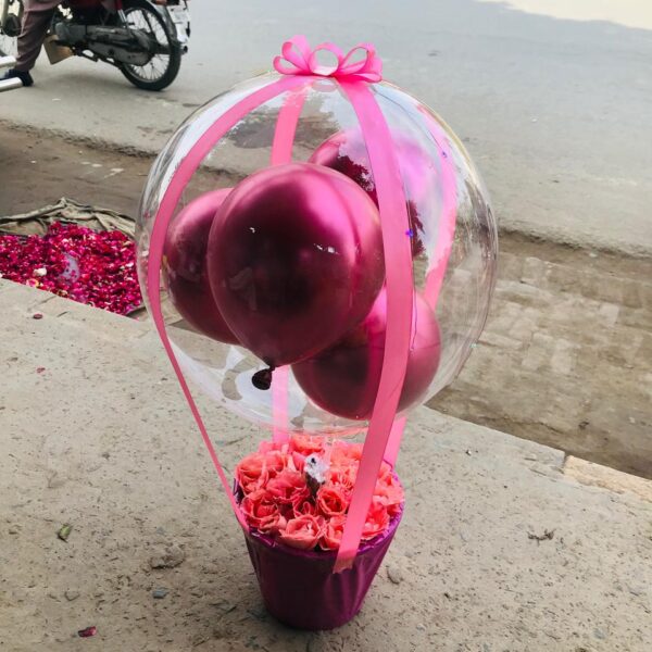Cute balloon box with perfume, rose, and card – Sargodha gift shop"